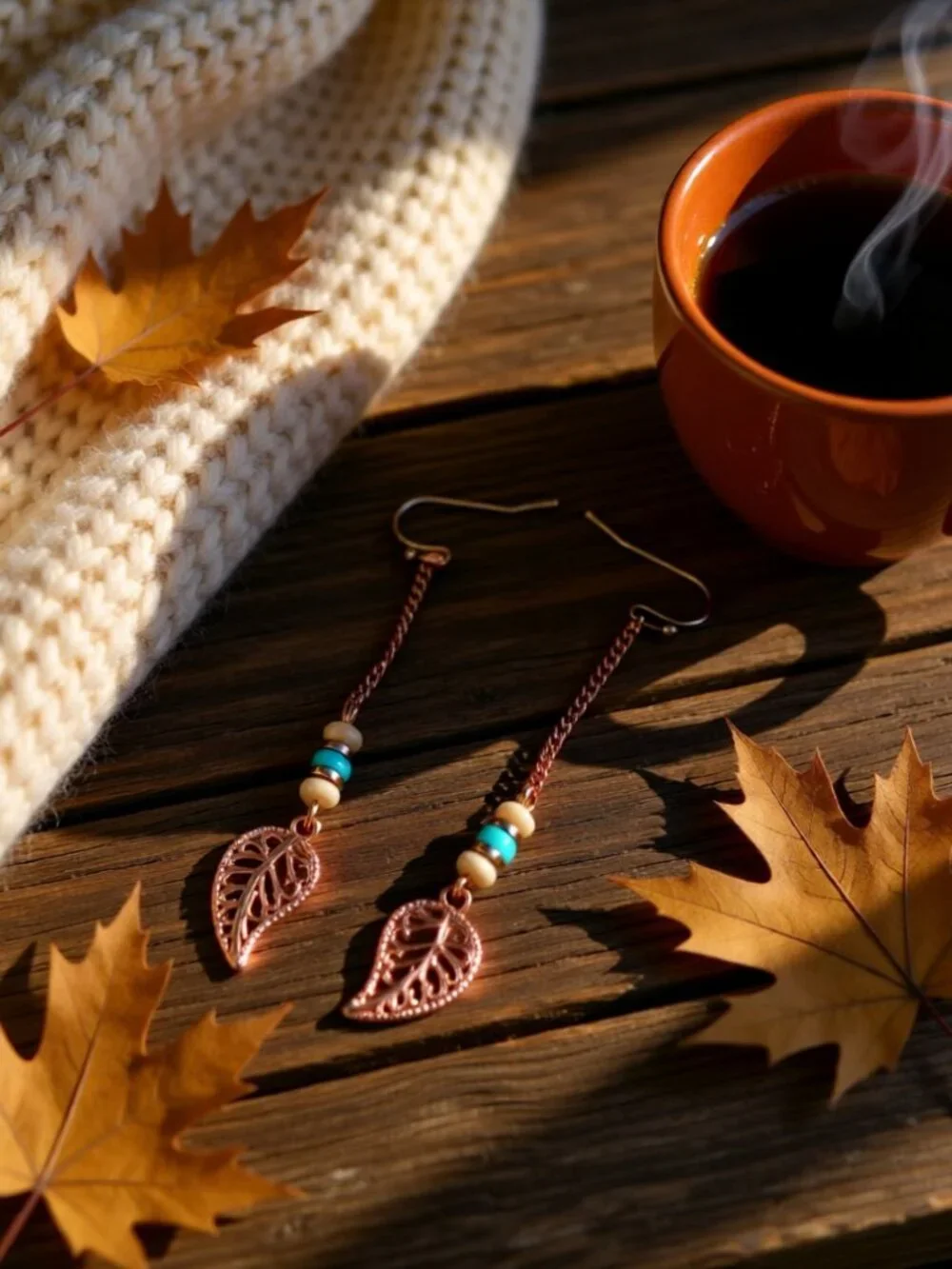 Lightweight! Copper Filigree Leaf Dangle Earrings! Fall Ready! Southwestern Boho